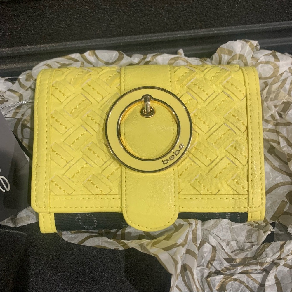 Bebe Denim Logo Shirt Wallet Yellow and Blue Button Wallet New with Tags